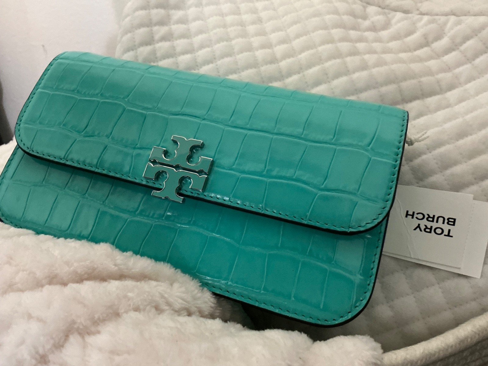 Tory Burch Turquoise Croc Embossed Leather Crossbody Purse New With Ta