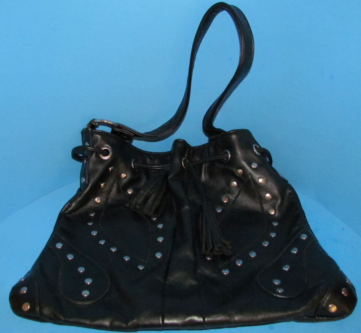 Vtg Bulga? Rare Black Leather Studded Shoulder Bag Tassel Fringe L@@K