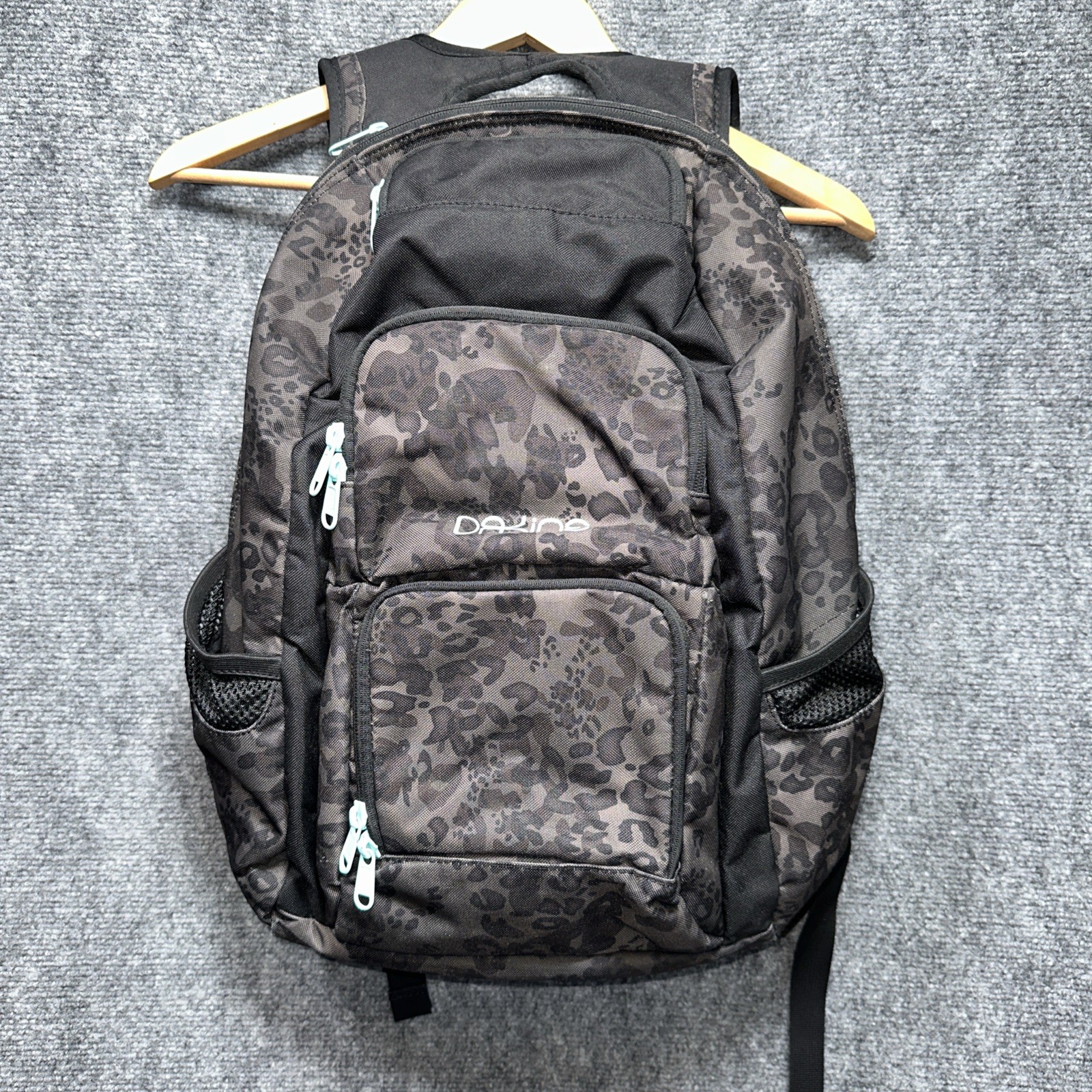 Dakine Black Leopard Print 18inch Back Pack With Light Blue Accents