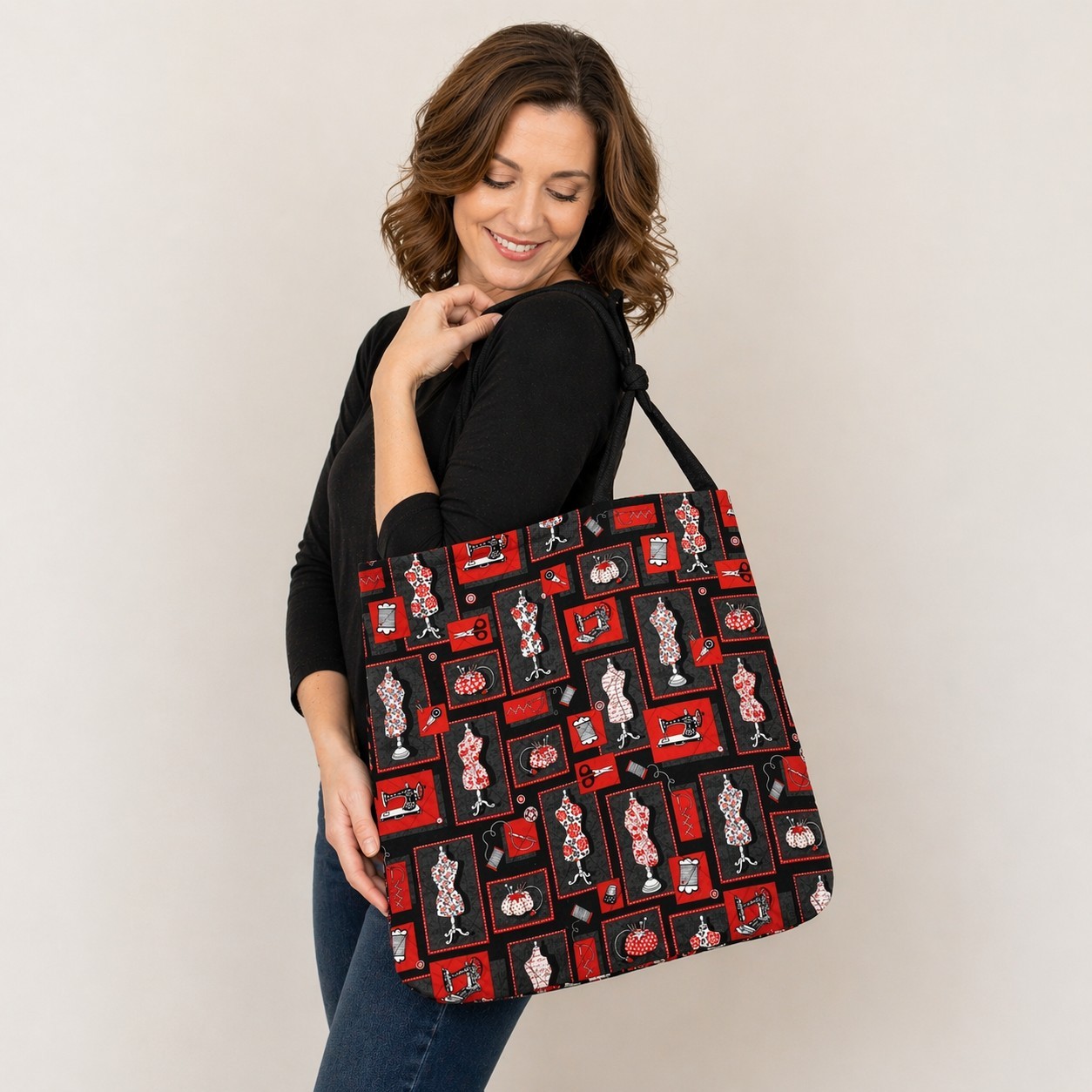 Handmade Large Quilted Sewing Tote Bag Lined Pockets Shoulder Strap