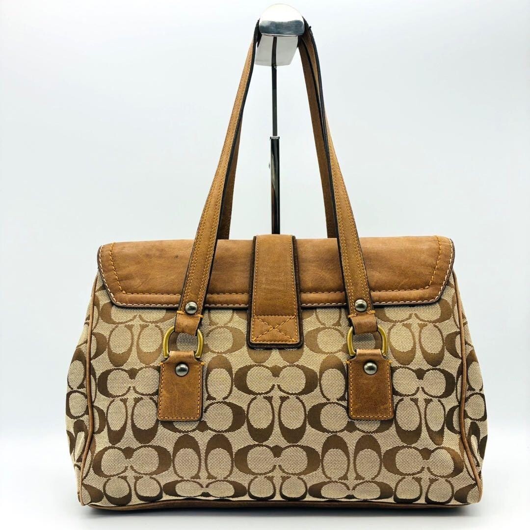 Coach Soho Signature Canvas Leather Brown Shoulder Tote Bag Gold Buckle 34cm