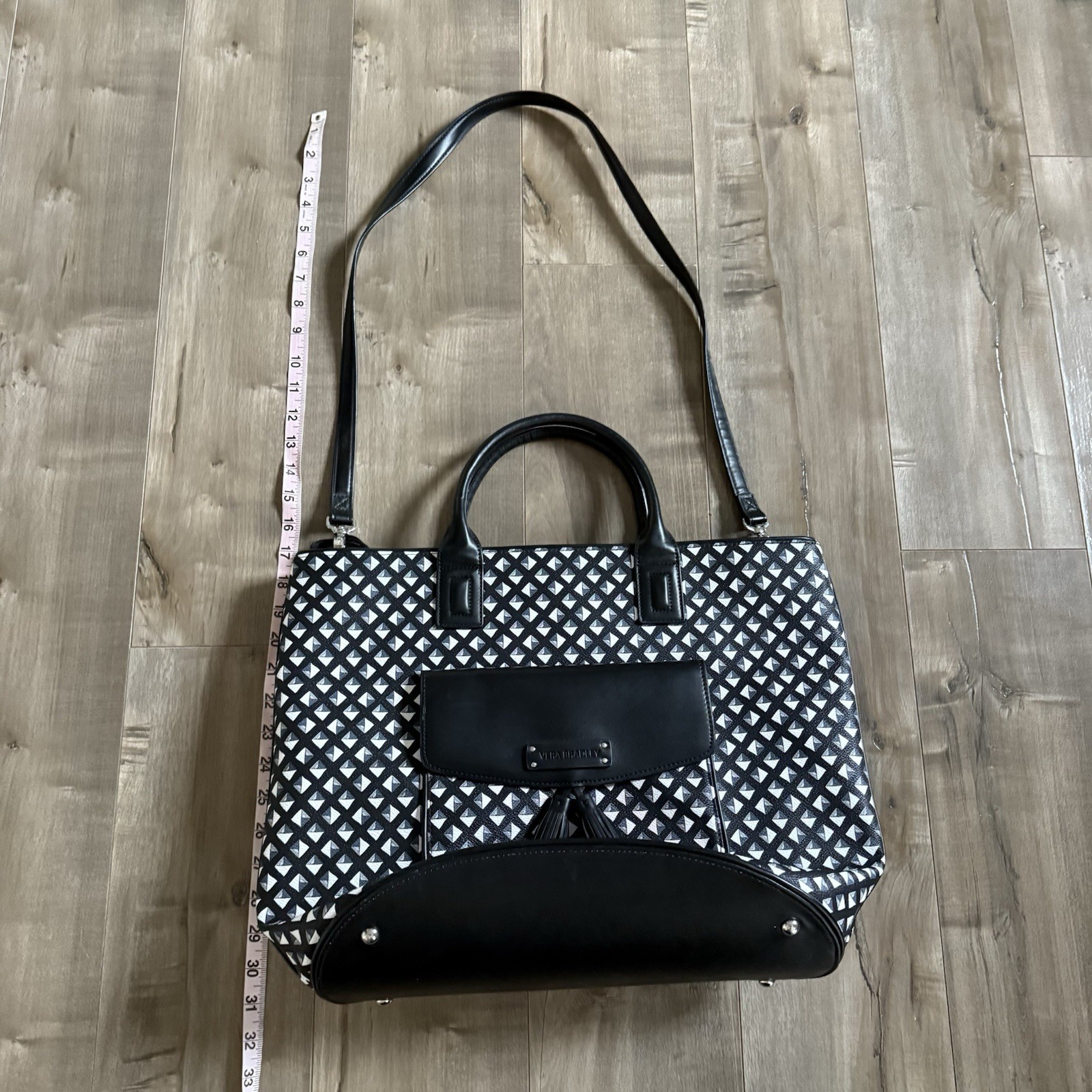 Vera Bradley Tassel Tote Large Black White Geometric Luggage Tag Leather