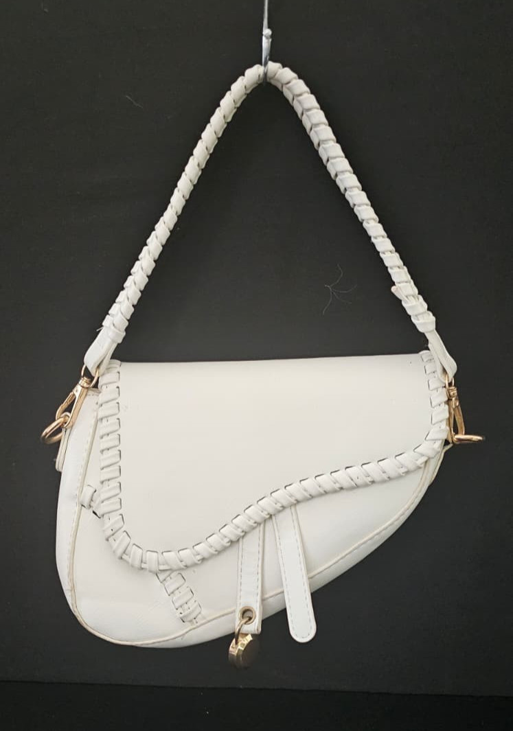 White Saddlebag Shoulder Bag In Faux Leather with Gold Hardware [B-8]