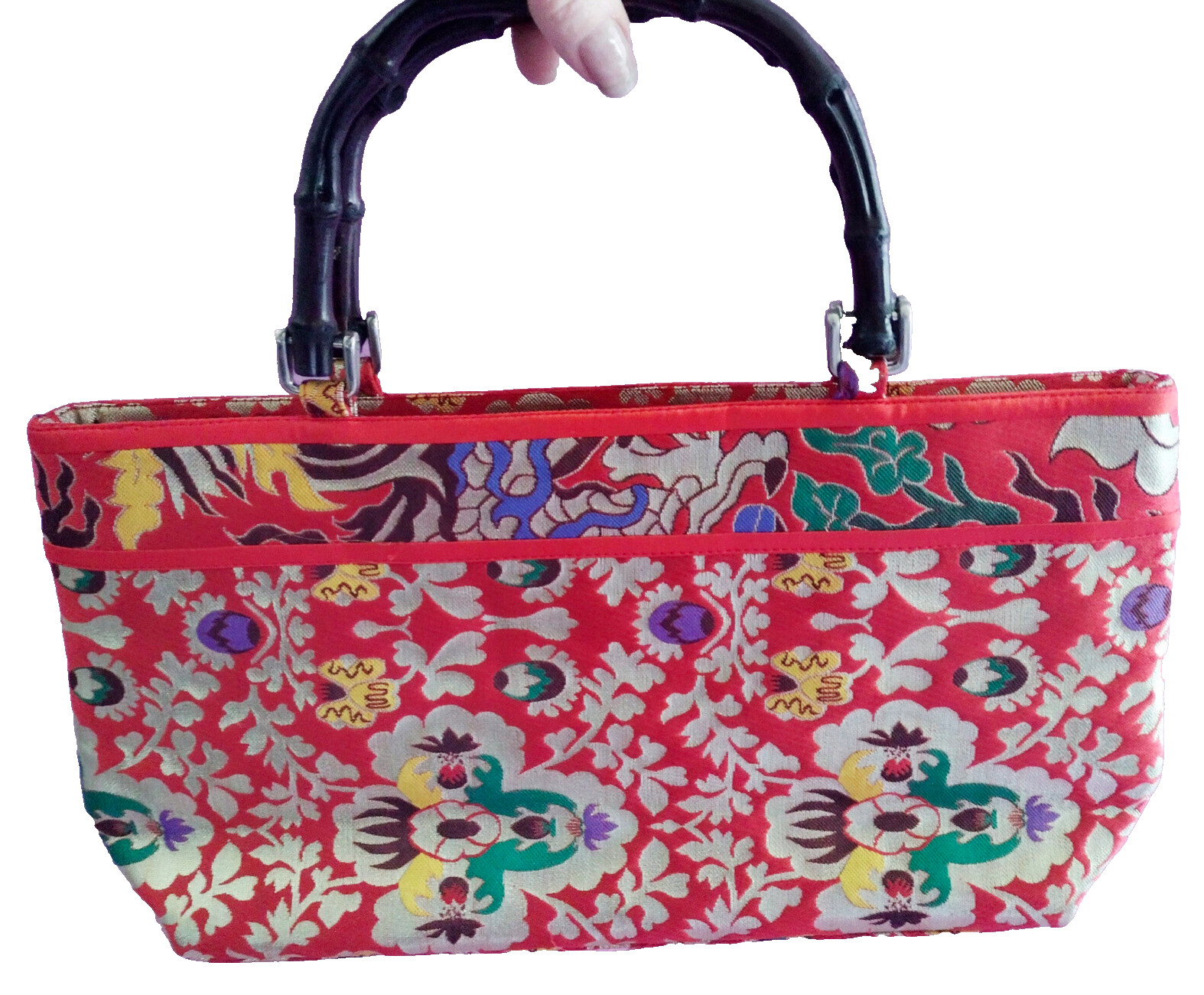 Asian Embroidered Purse Red Floral Multi Metallic Thread Bamboo Look Dbl Handles