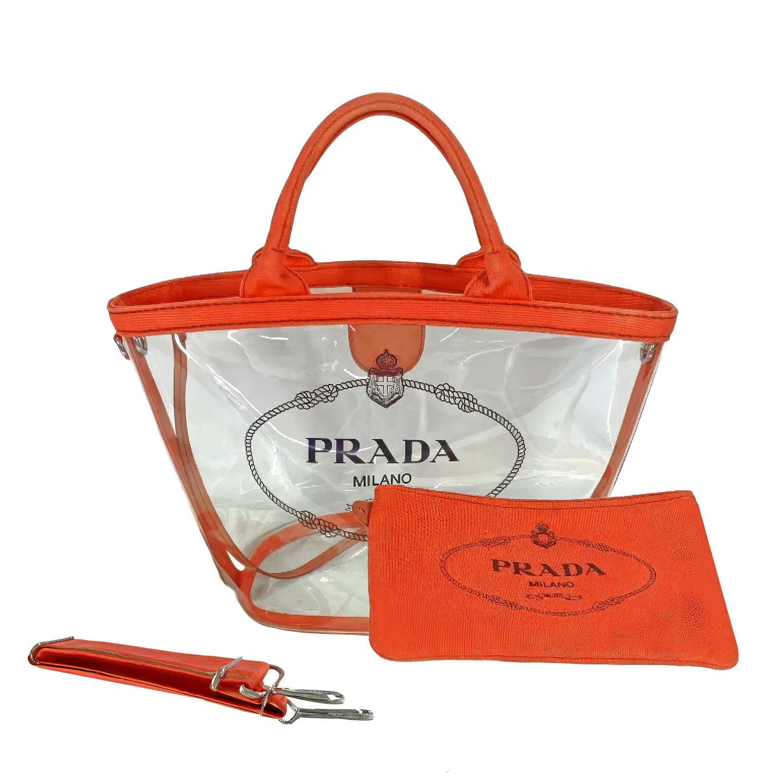 Prada PVC with Leather Vinyl Canapa Convertible Tote Small Orange