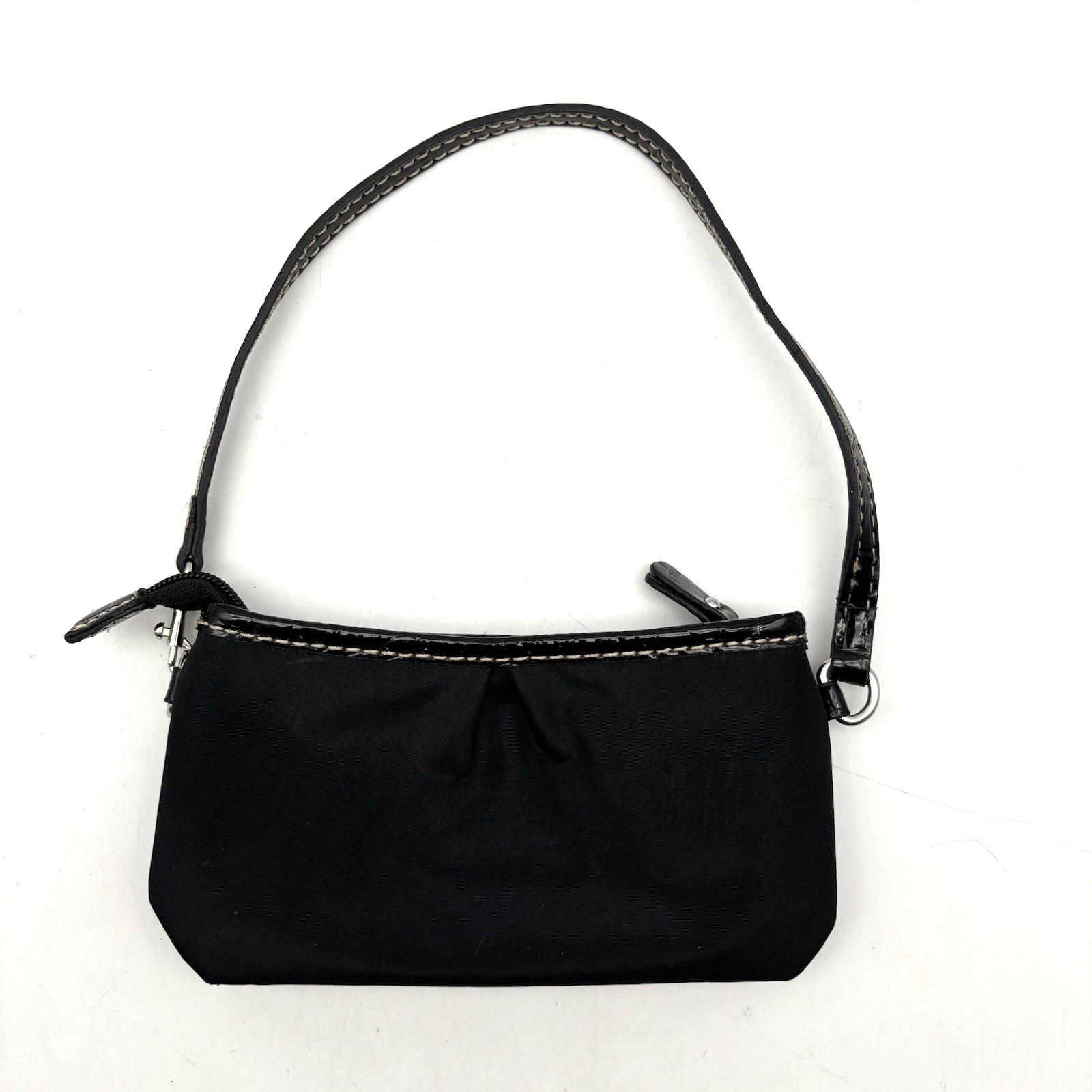 Liz Claiborne Black Polyester Faux Patent Trim Micro Wristlet Pouch Purse 7.25″