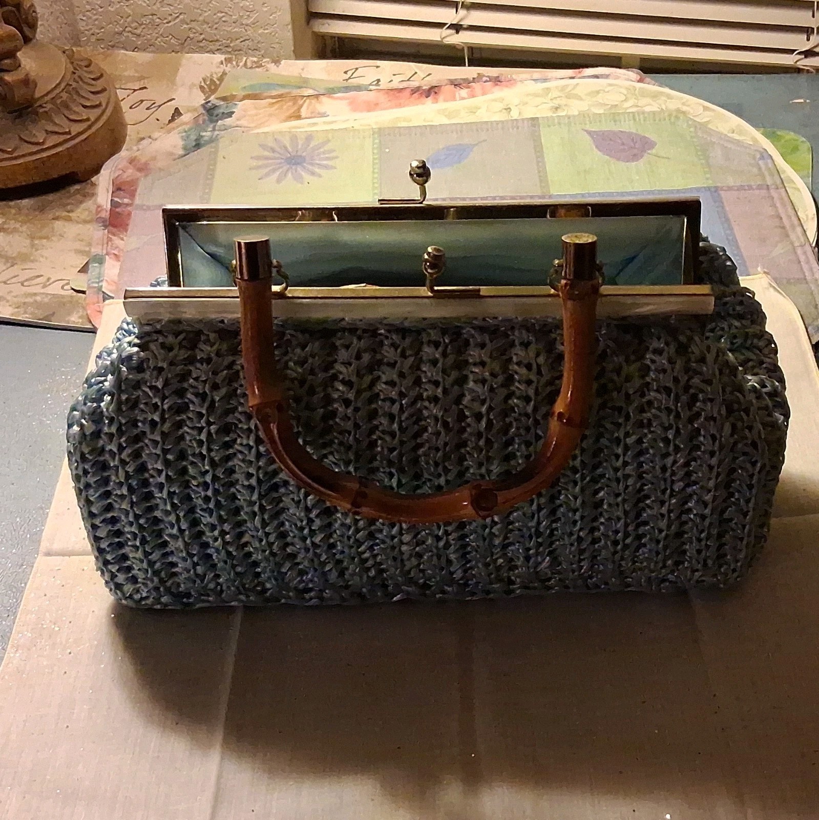Women’s Blue Woven Top Handle Bag Bamboo Handle Snap Closure Lined Gold