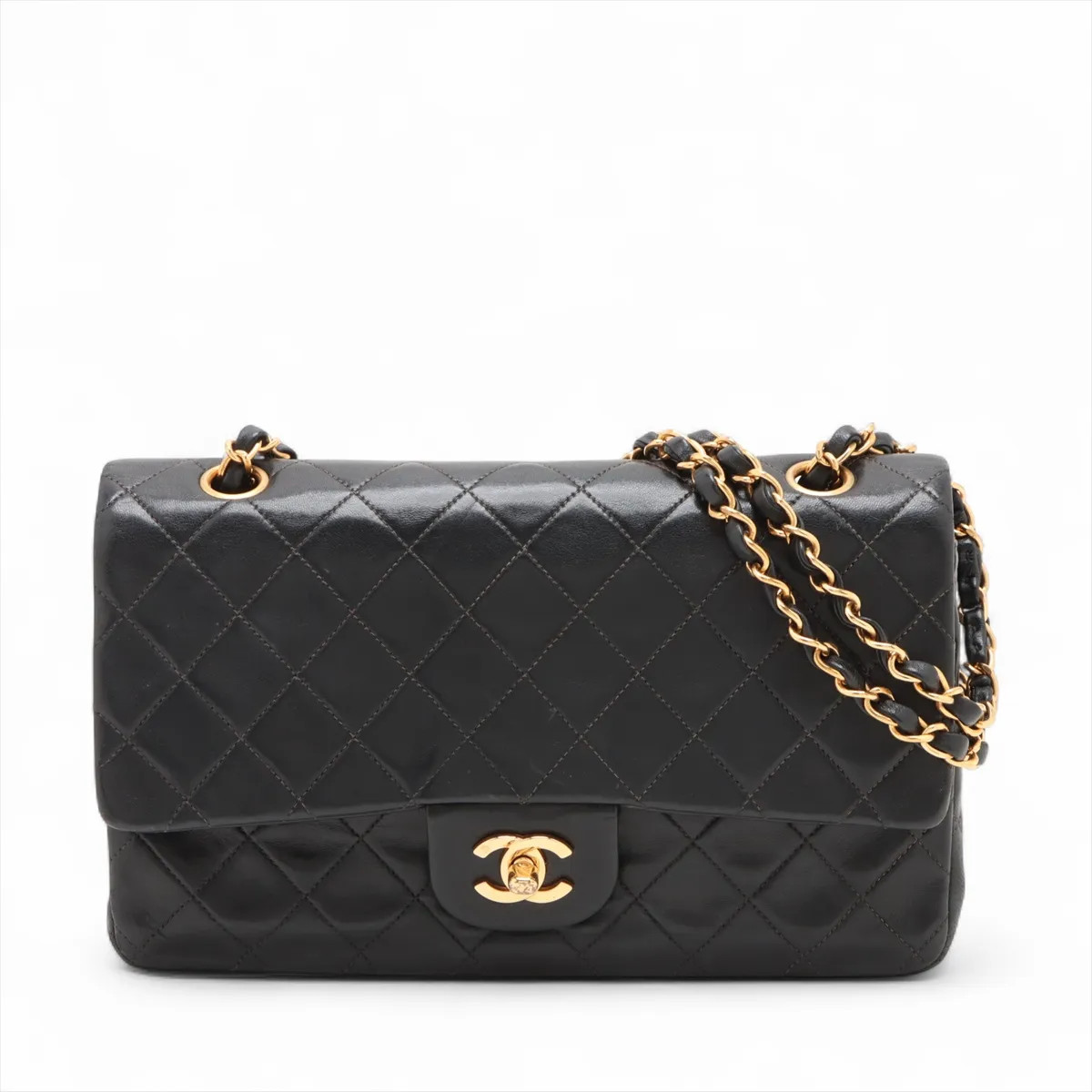 Chanel Matelasse 25 Lambskin Double Flap Double Chain Bag Black Gold Metal Fitti
