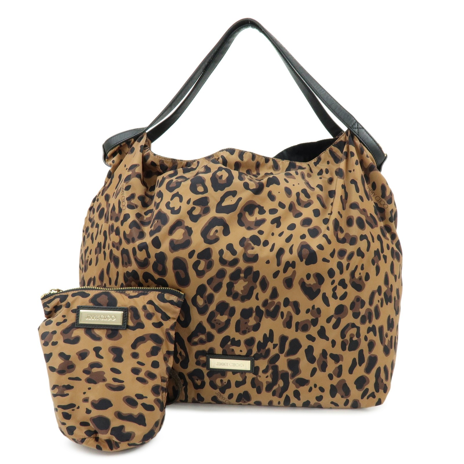 JIMMY CHOO Nylon Leather Shoulder Bag Hand Bag Animal Print Brown Auth Used F/S