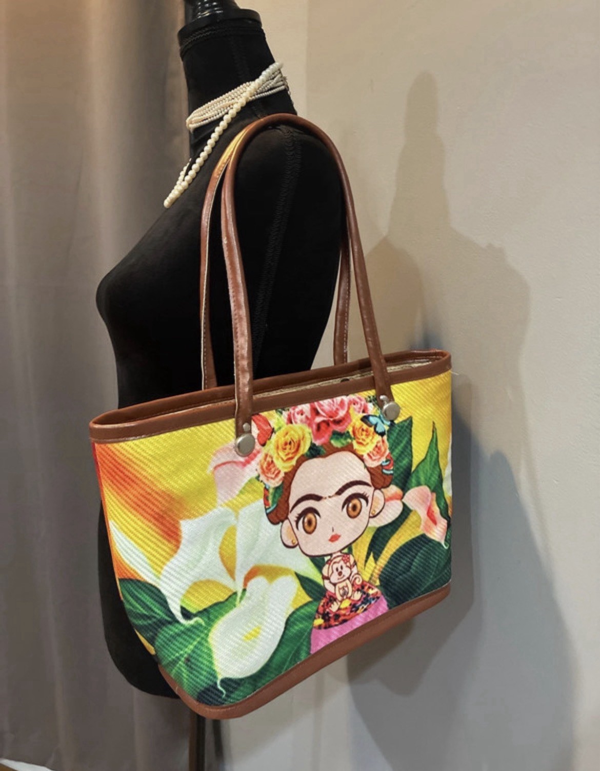 Frida Kahlo Floral Multicolor Tote Bag, Zip Top, Brown Double Handles