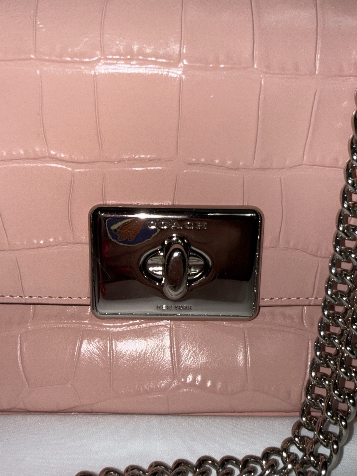 Coach Pink Hutton Croc Embossed Shoulder Bag Silver Chain Strap Turn Lock