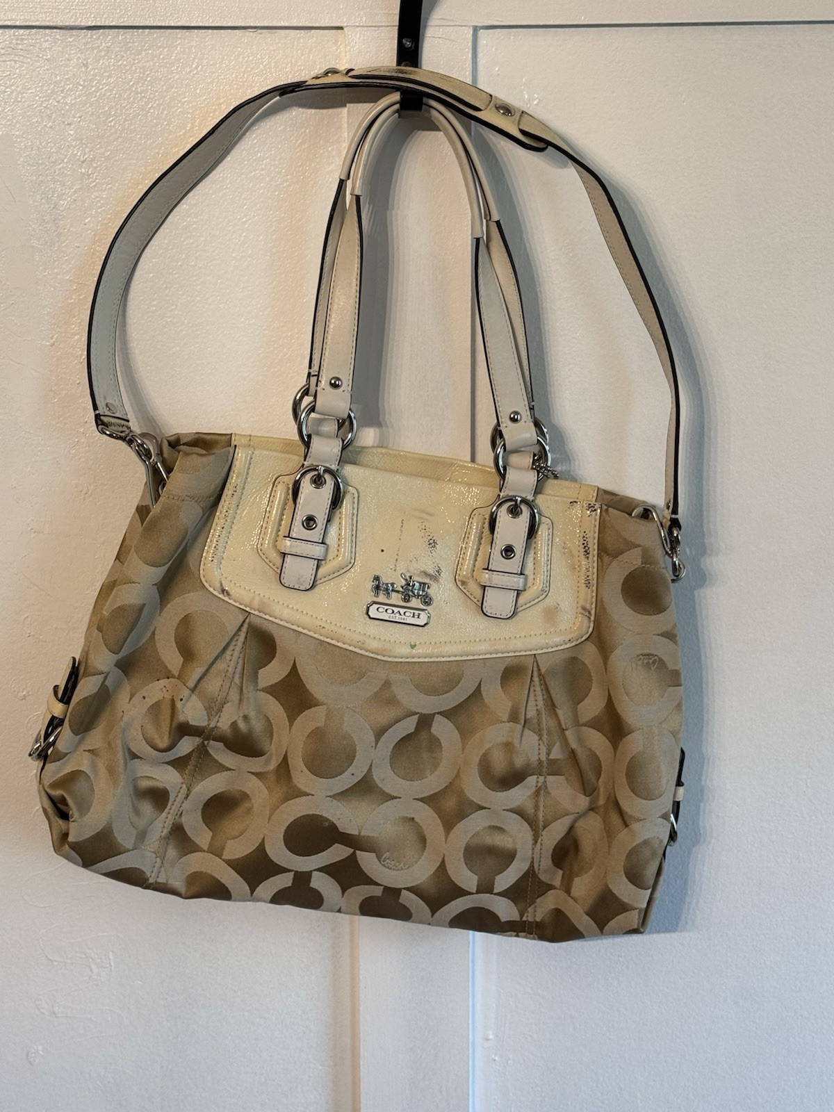 Coach Y2K Khaki Beige Signature Shoulder Bag Purse w/ Flap Wallet Silver HW READ