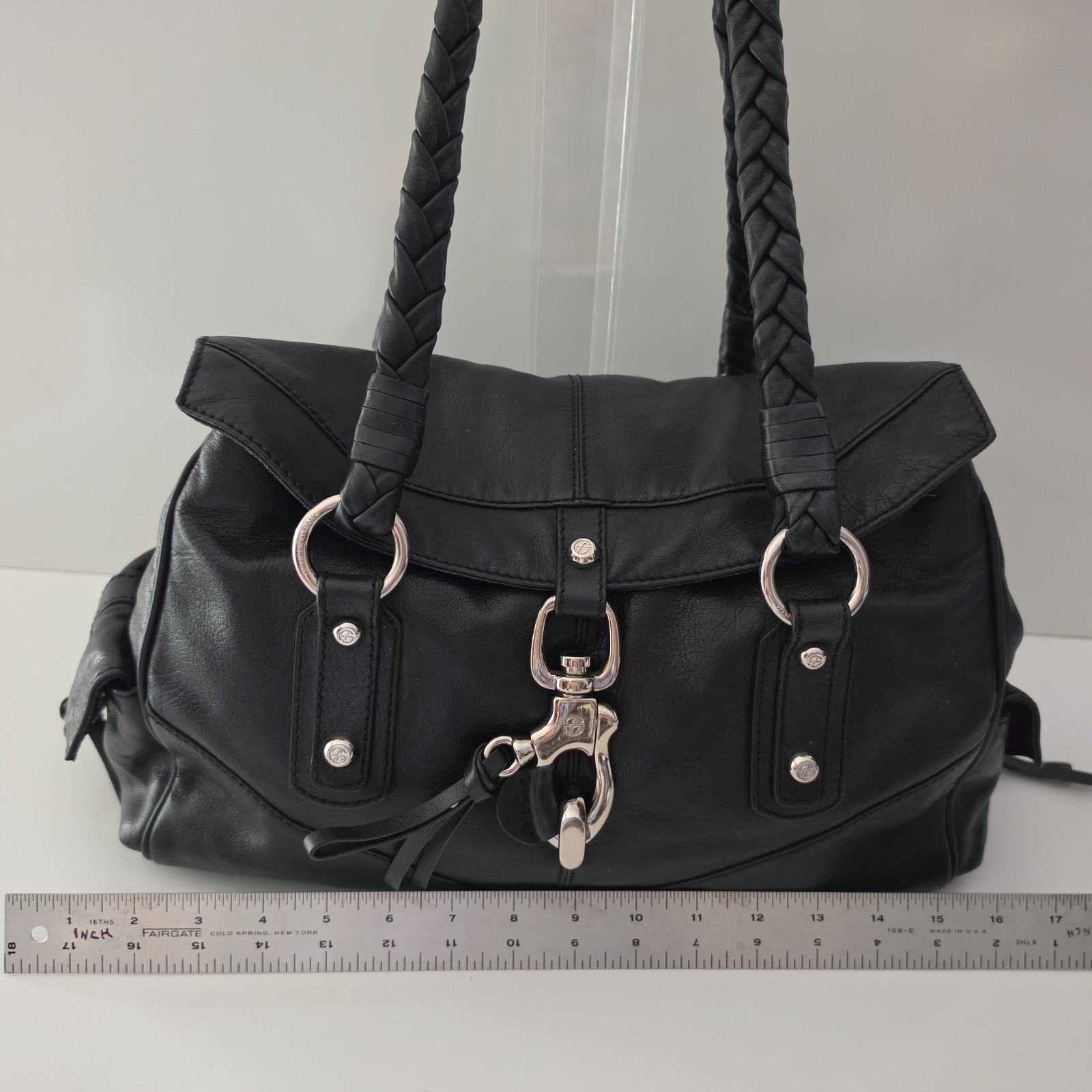 Francesco Biasia Shoulder Bag Large Satchel Black Leather Braided Secret Love