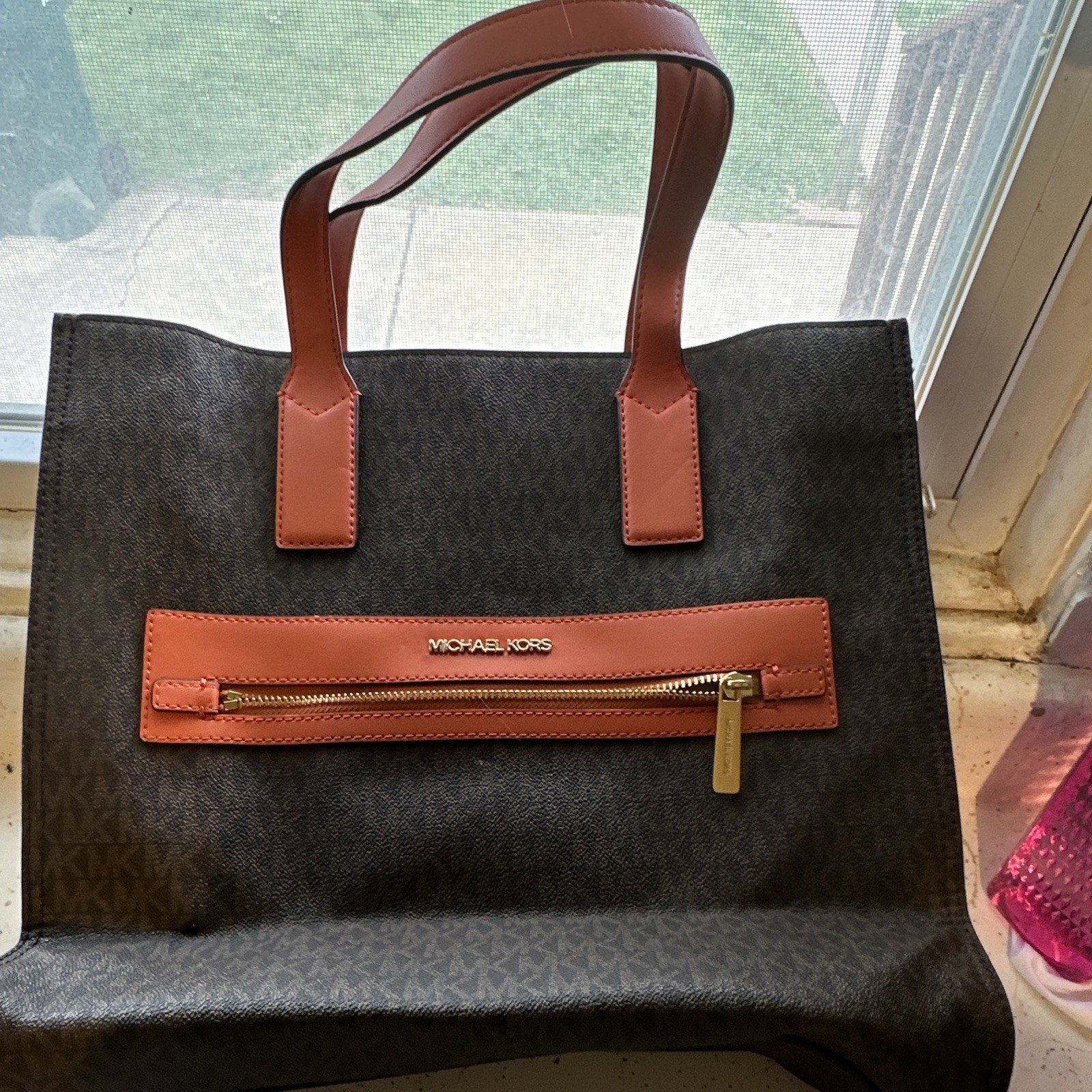 Michael Kors Brown Logo Tote Orange Trim Front Zip Pocket Detachable Strap