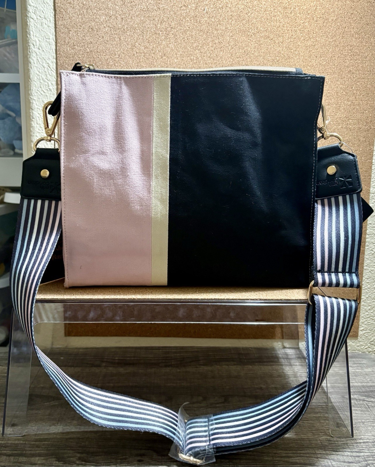 NWT Erin Condren Color Block Wisteria and Black Canvas Crossbody Bag with Strap