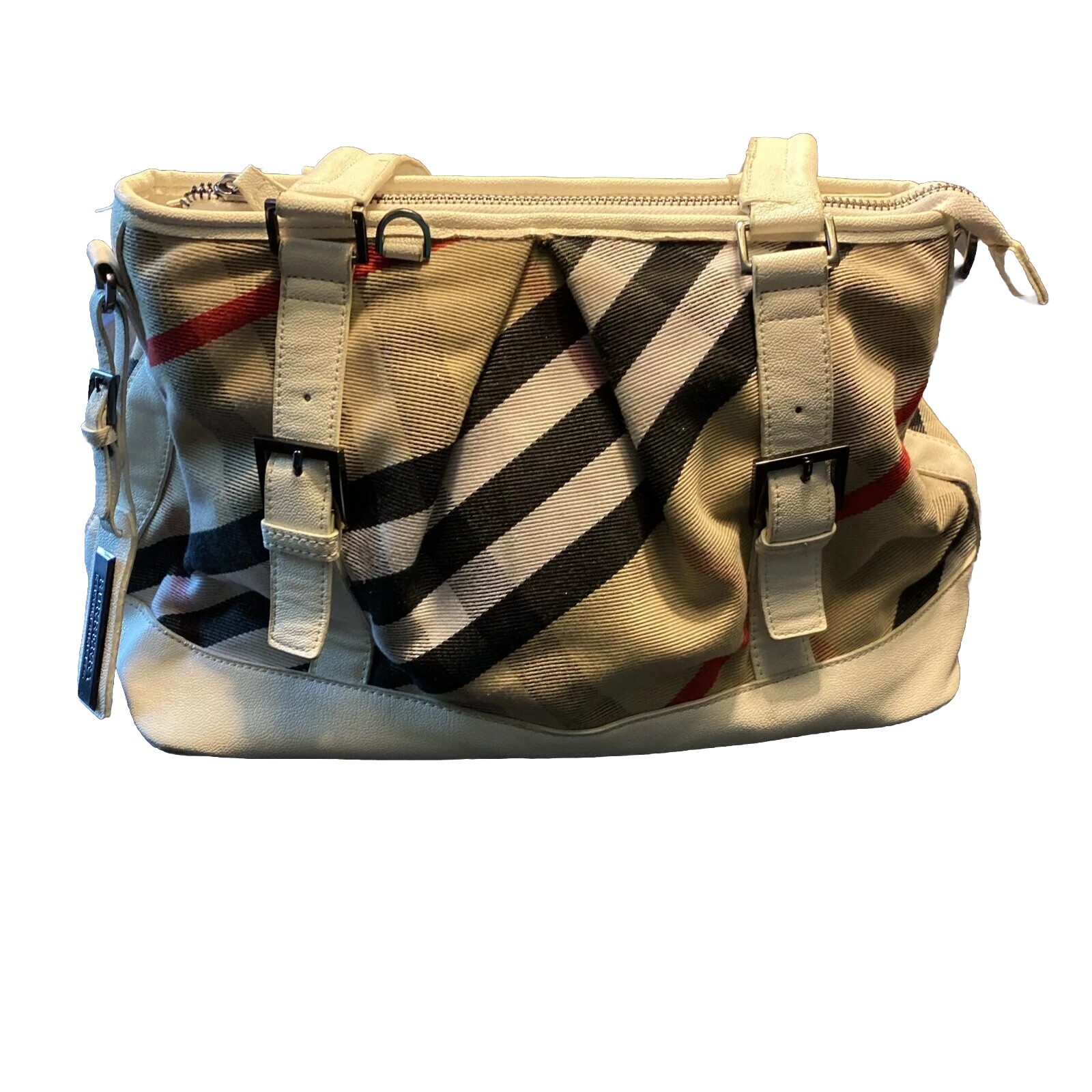 Burberry Nova Check Blue Label Leather Tan Beige handbag White Japan VTG*