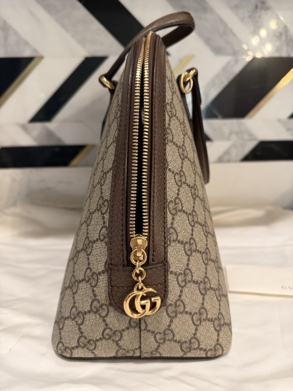 Gucci GG Monogram Web Stripe Top Handle Satchel Zip Bag w/ Detachable Strap