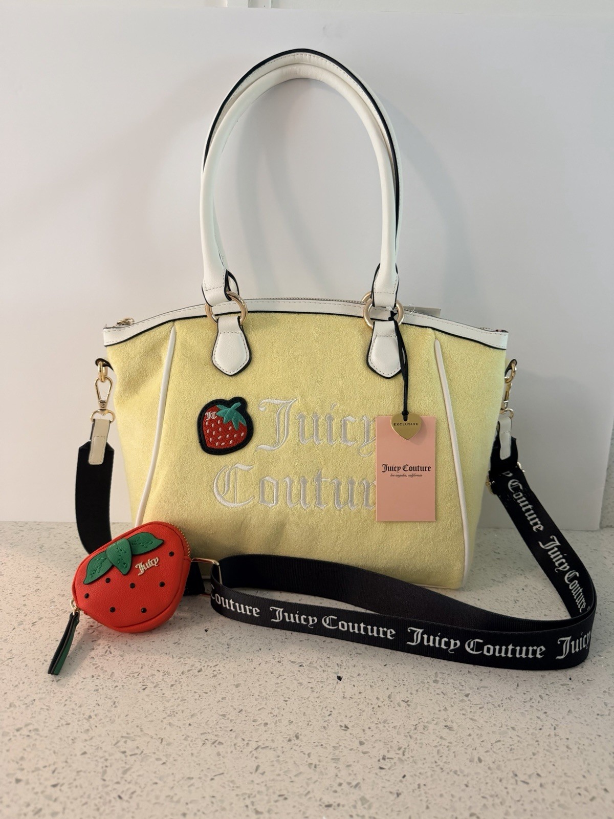 Juicy Couture Yellow Terry Cloth Strawberry Shoulder Bag Tote Coin Pouch NWT
