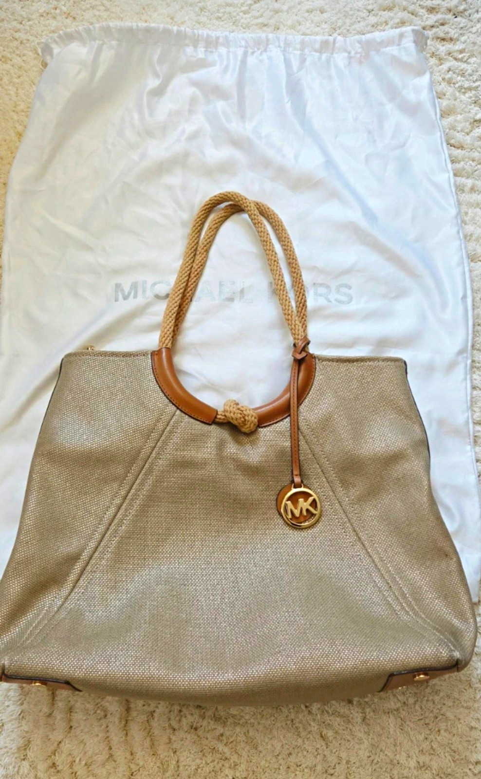 Michael Kors Beige/Brown Tote Bag Rope Double Handles Gold Hardware Dust Bag