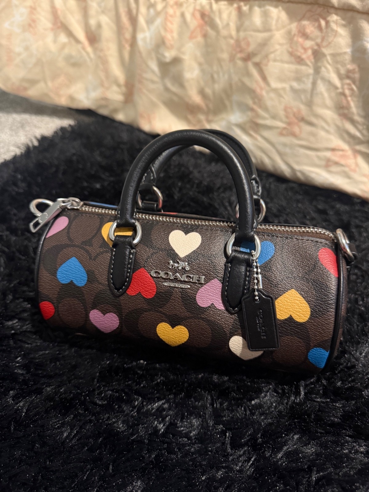 Coach Mini Barrel Satchel / Micro Rowan – Brown Signature Canvas Rainbow Hearts