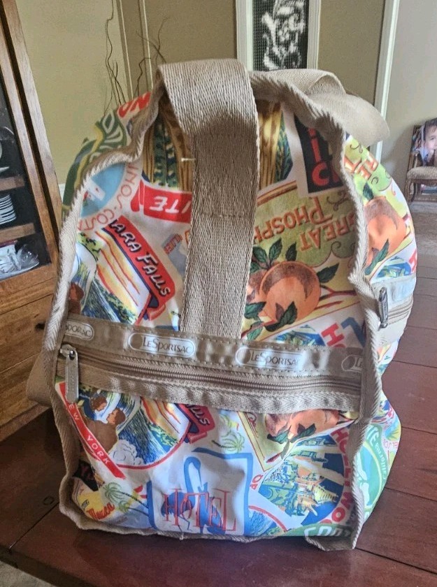 LeSportsac (VINTAGE TRAVEL STICKERS) Print Zip Duffle Bag w/ Pouch EUC