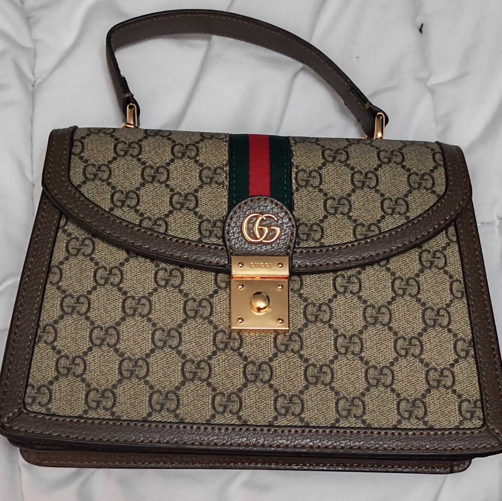 Gucci GG Monogram Top Handle Bag Web Stripe Gold Hardware Adjustable Strap