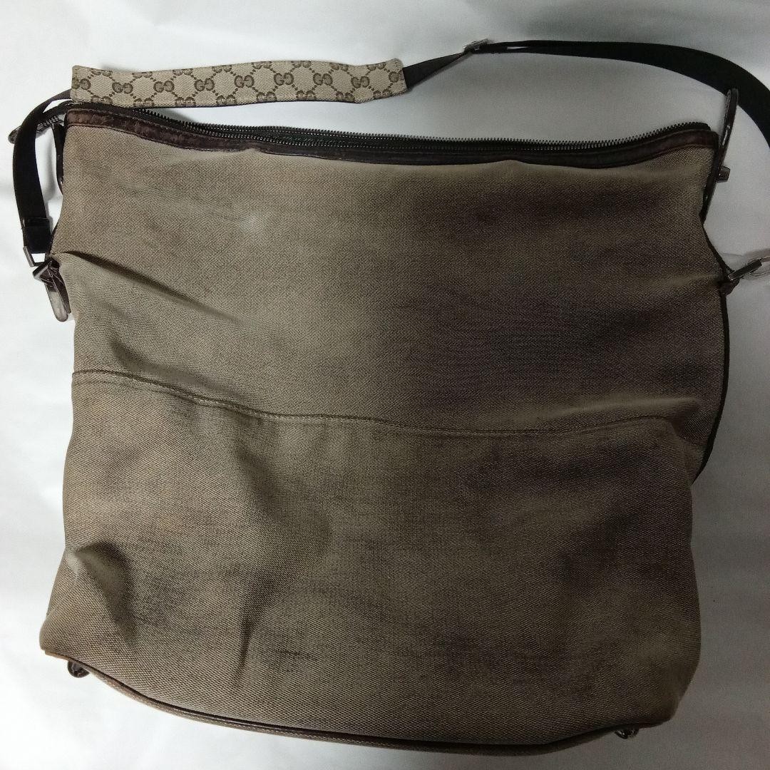 GUCCI Beige Canvas Shoulder Bag Adjustable 120cm Strap No Top Hardware Authentic