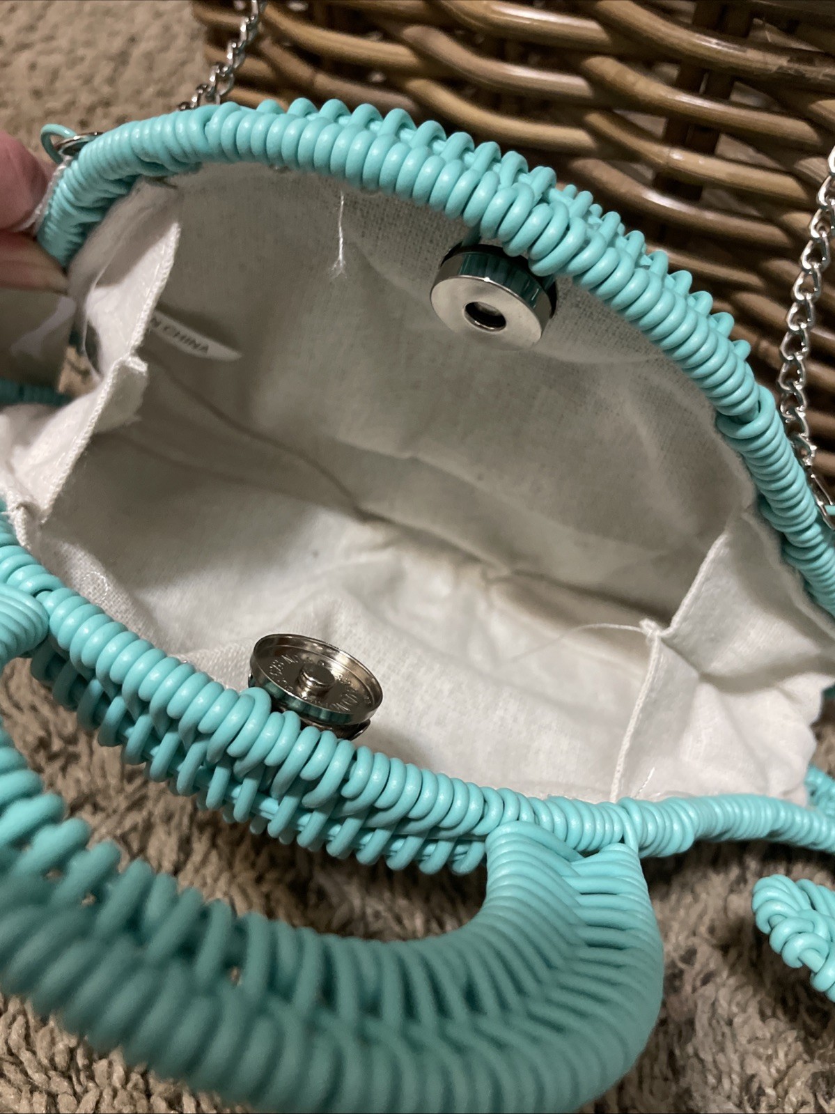 Coastal Preppy Nautical Wicker Woven Aqua Whale Purse Clutch w/ Silver Strap NWT