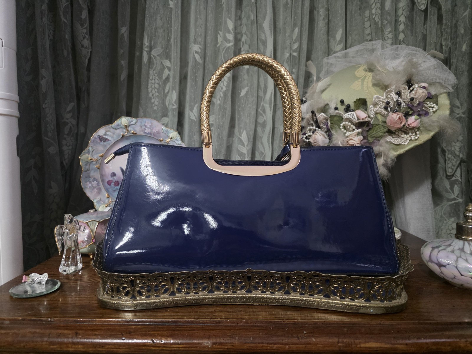 Elegant Patent Leather Bag/Crossbody Purse Glossy Royal Blue Gold Accent PU New