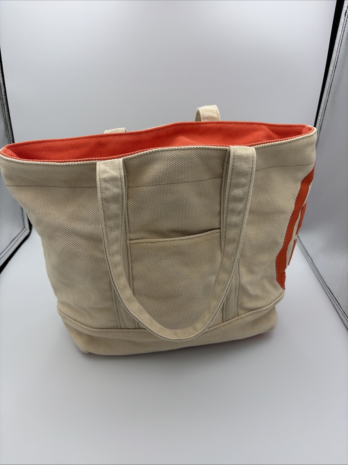 Tory Burch canvas tote beach bag women’s Medium Beige And Orange Logo