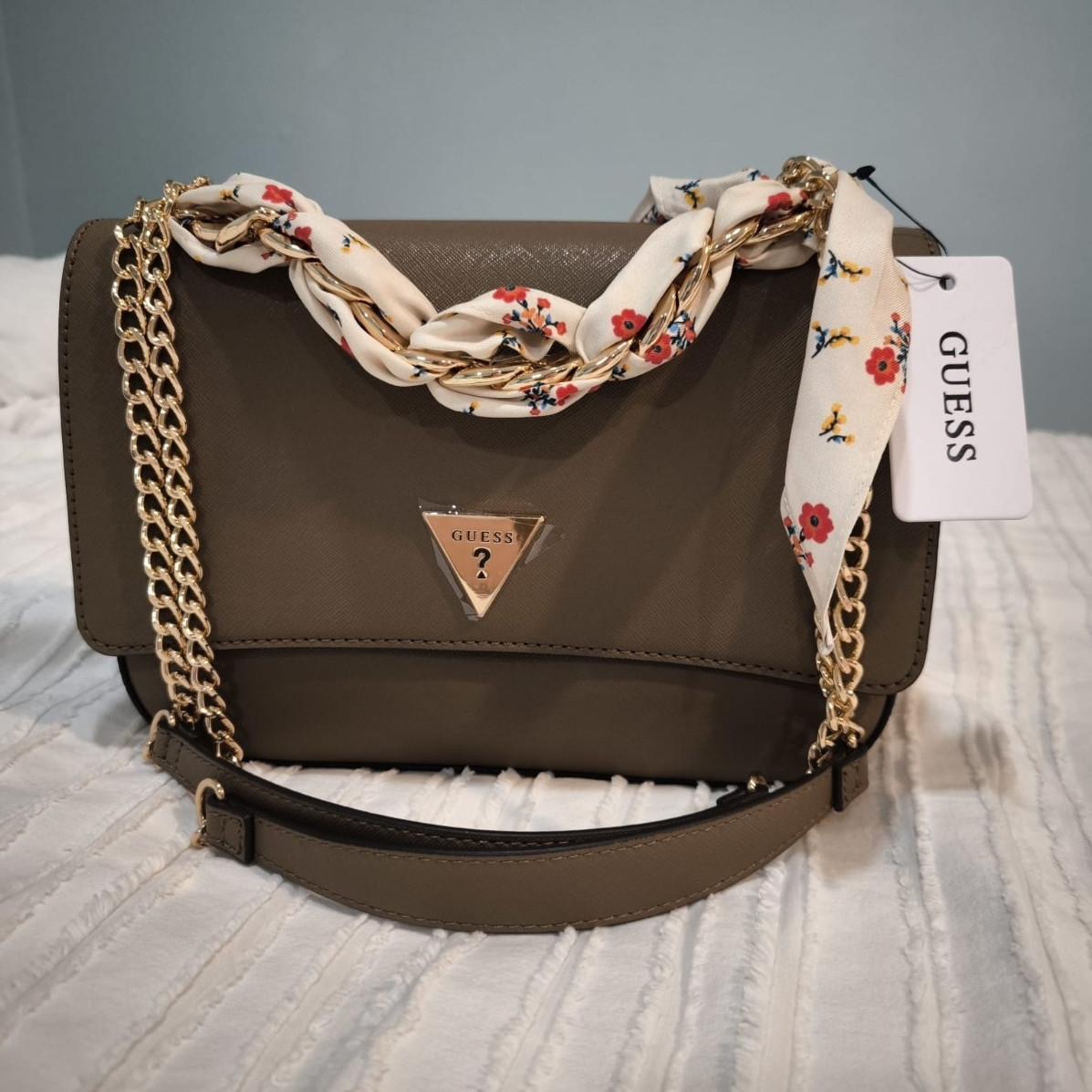 GUESS Brown Small Crossbody Bag Magnetic Flap Gold Chain & Scarf Accent