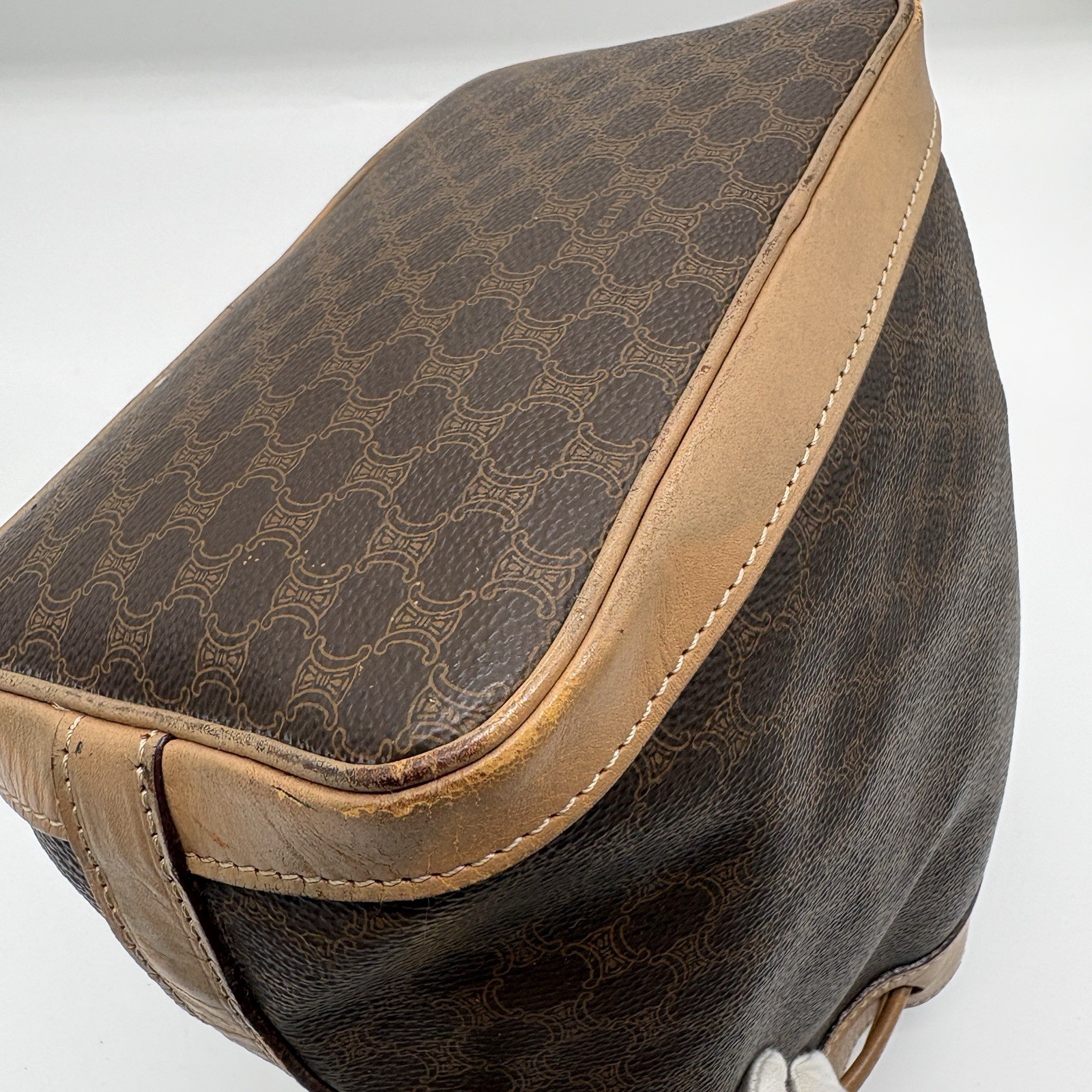 CELINE Macadam Drawstring Bag Pouch PVC Leather Brown Vintage Purse Authentic