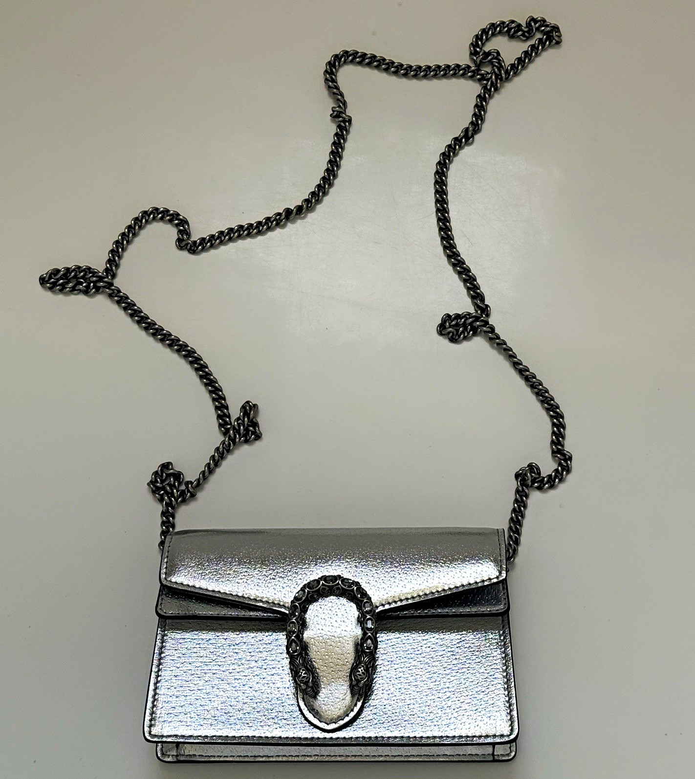 Authentic Gucci Dionysus Super Mini Silver Metallic Chain Bag 476432