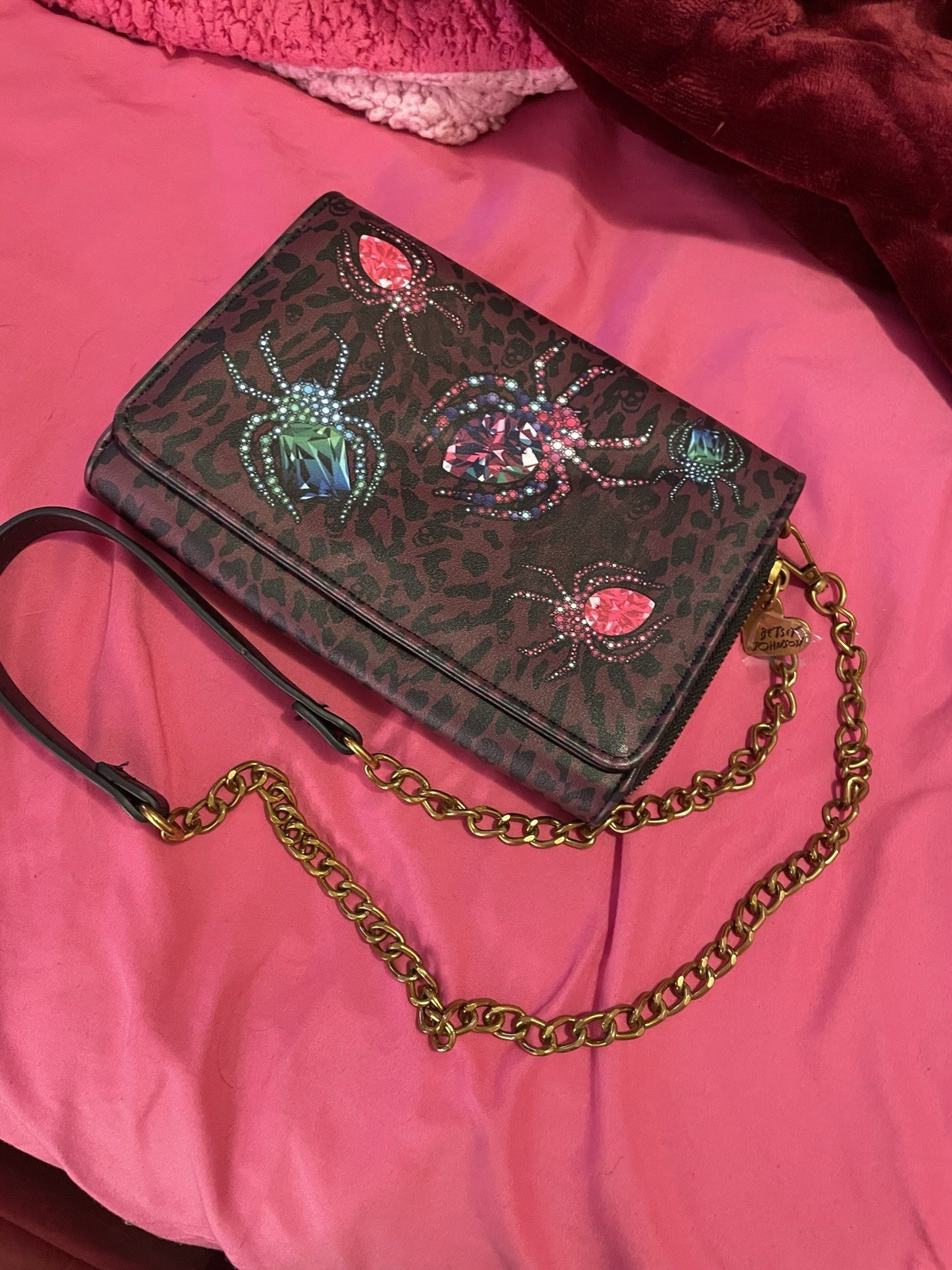 Betsey Johnson Animal Print Spider Rhinestone Crossbody Wallet, Detachable Strap