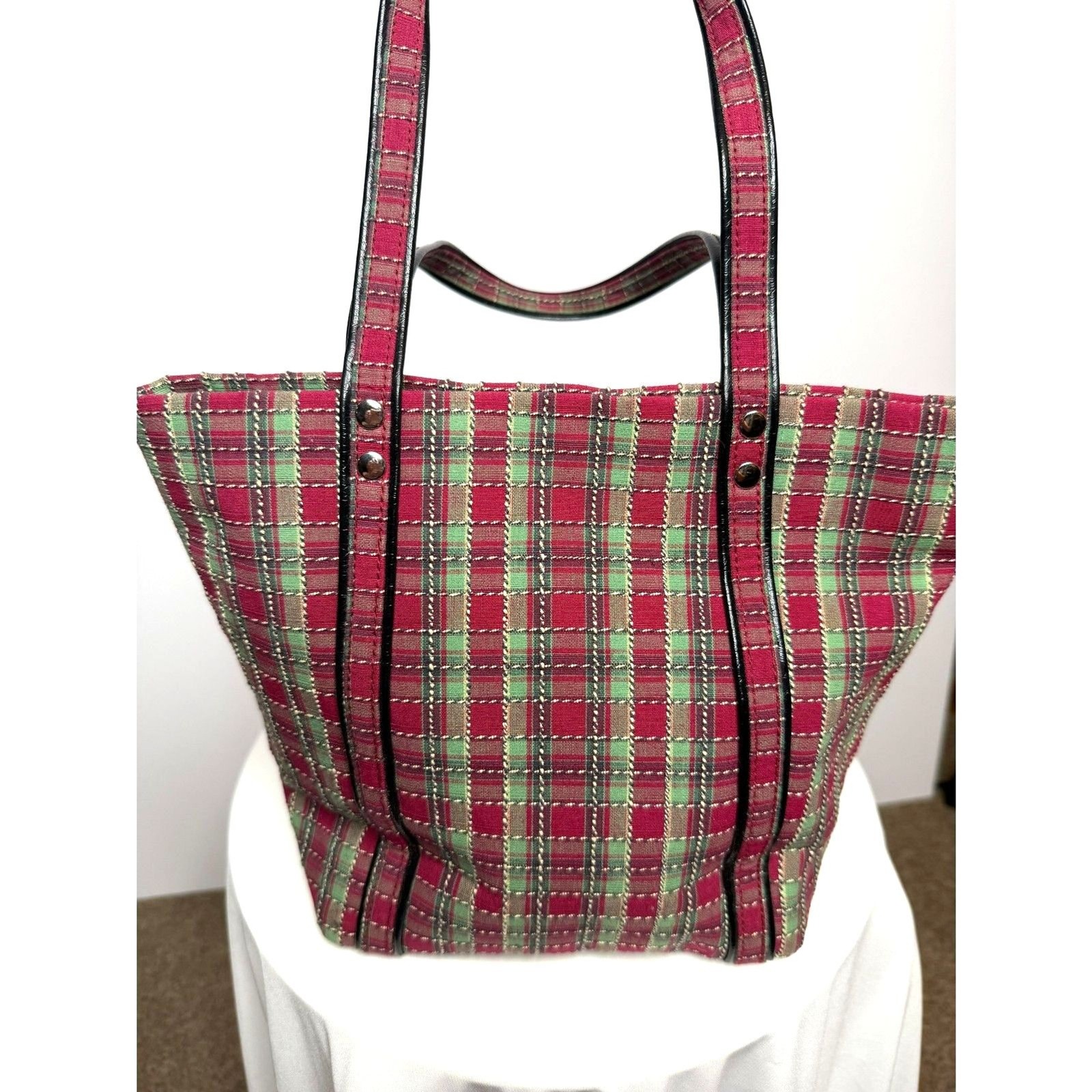 Longaberger Mini Plaid Tote Bag Red Green Tartan Shoulder Purse Cottagecore