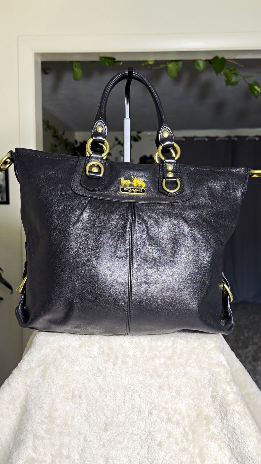 Vintage COACH Madison Julianne Black Leather Satchel Tote Bag 12935 Purple Line