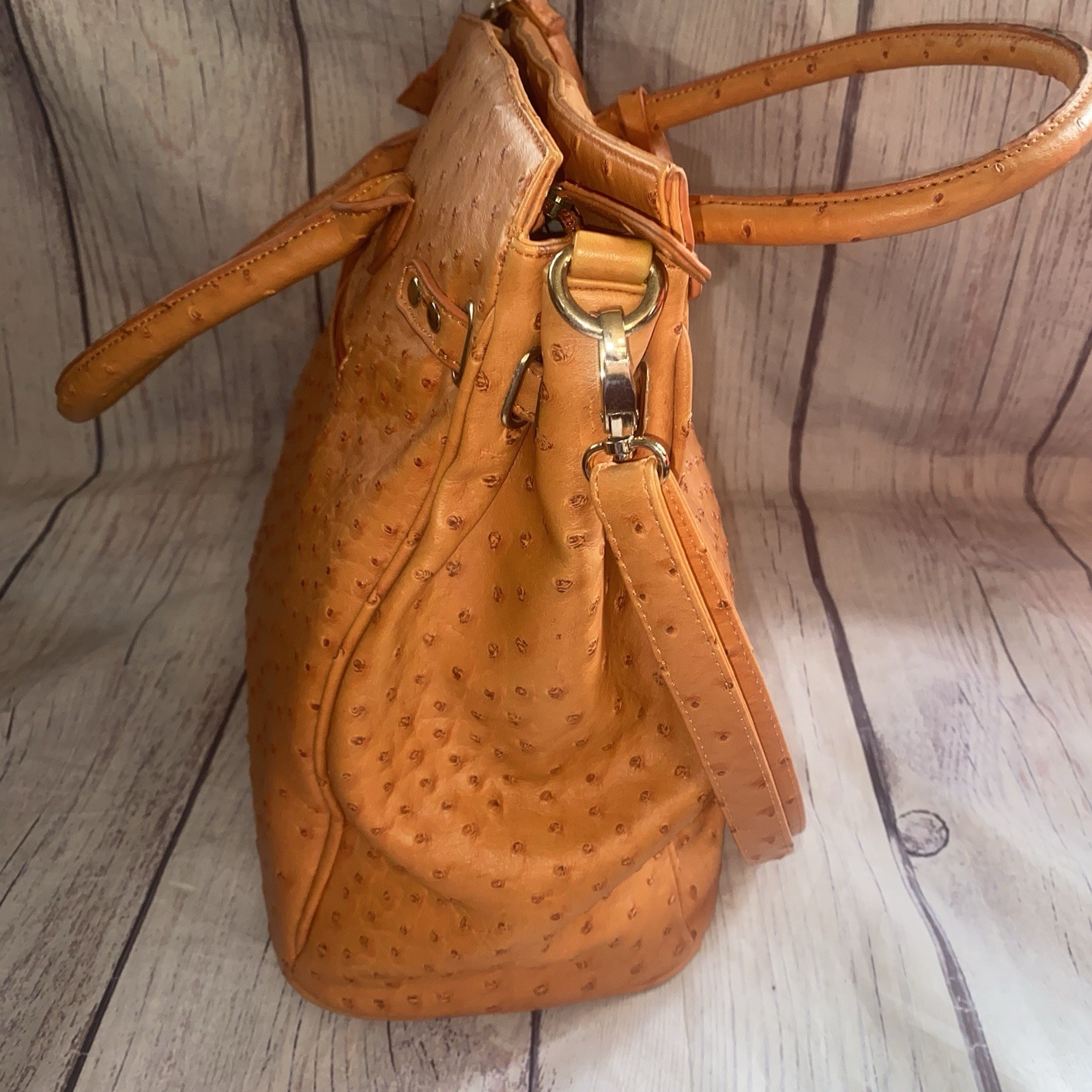 Penelope Ann Orange Faux Ostrich Embossed Satchel Tote Shoulder Bag 14x12x6
