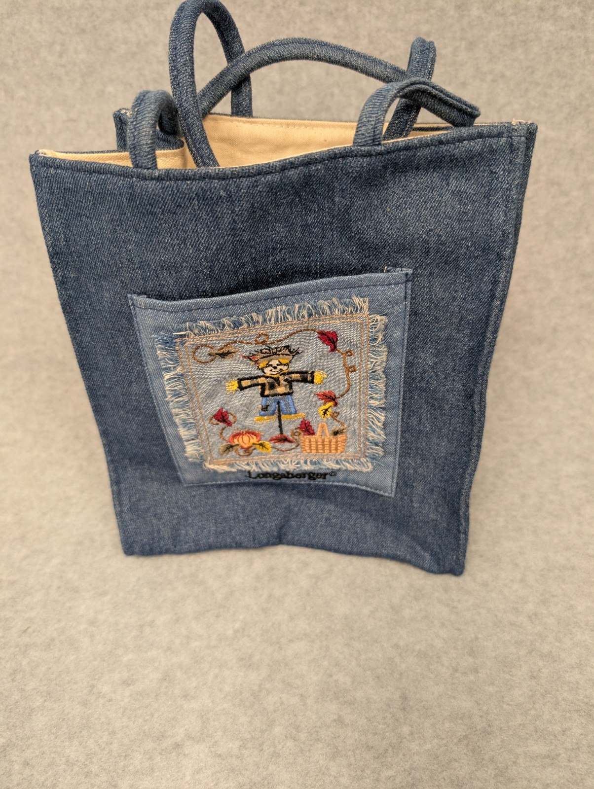 Longaberger Women’s Blue Tote Bag Embroidered Patch Lined Double Handles