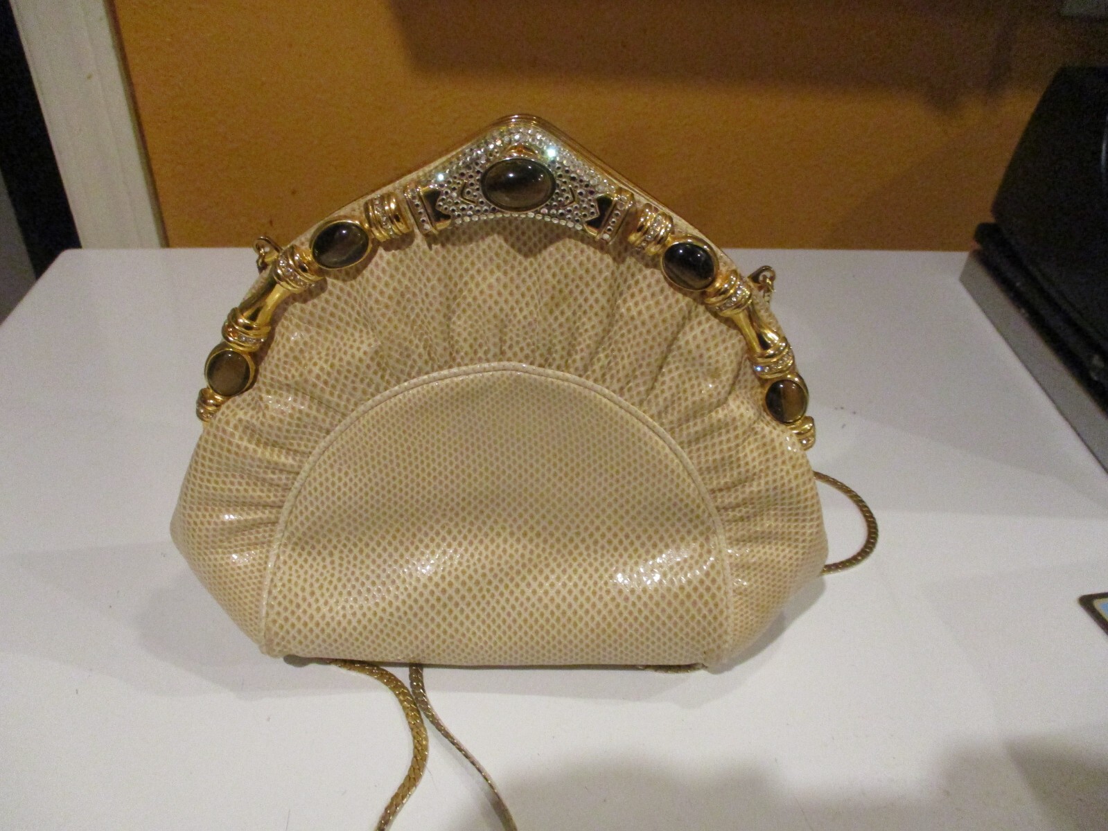 Vintage Finesse La Model Purse Elegant Ivory Leather Gold Chain Tortoise Stones