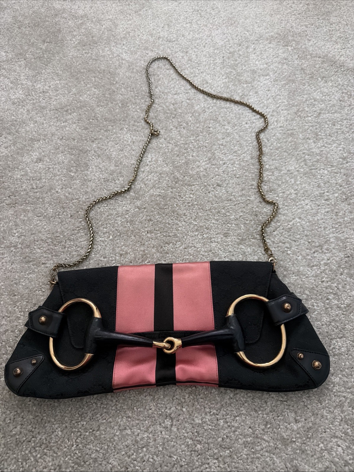 GUCCI HORSEBIT MONOGRAM Satin Pink & Black Web Stripes