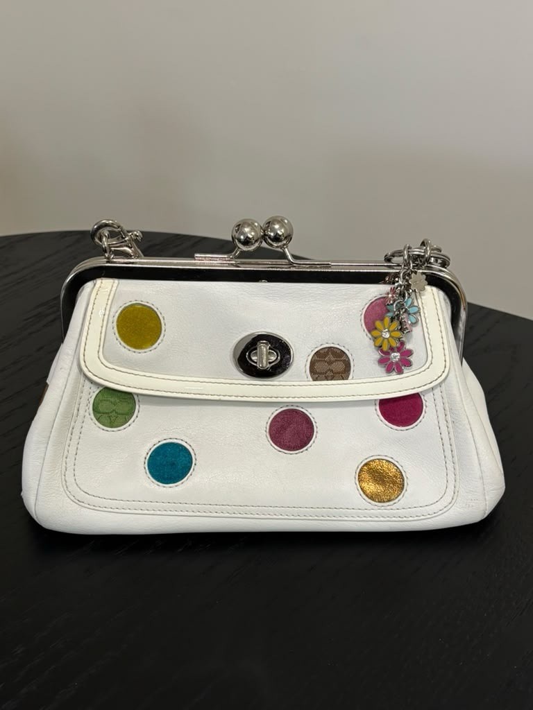Coach Small White Multicolor Polka Dot Shoulder Bag, Kiss Lock, Bag Charm