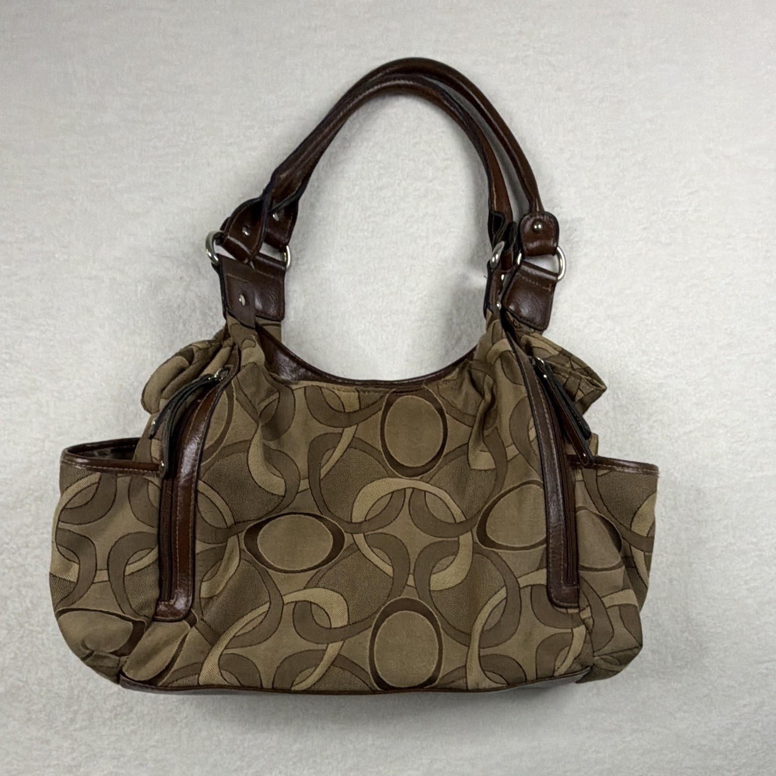 Vintage y2k Brown Beige Jacquard Shoulder Bag Geometric Print Faux Leather Trim
