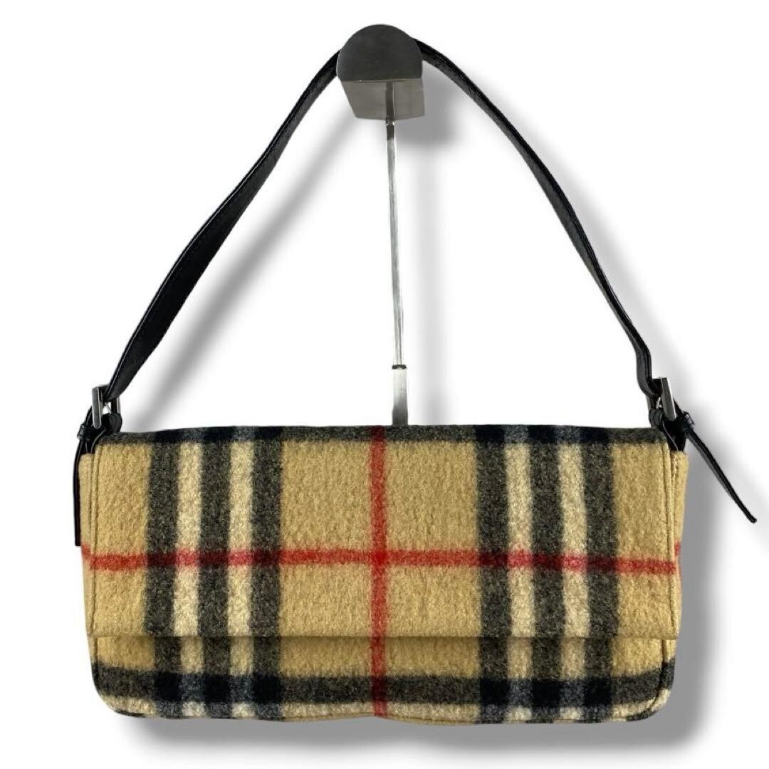 Burberry Blue Label Nova Check Wool Pochette Shoulder Bag Beige Women 27.5cm