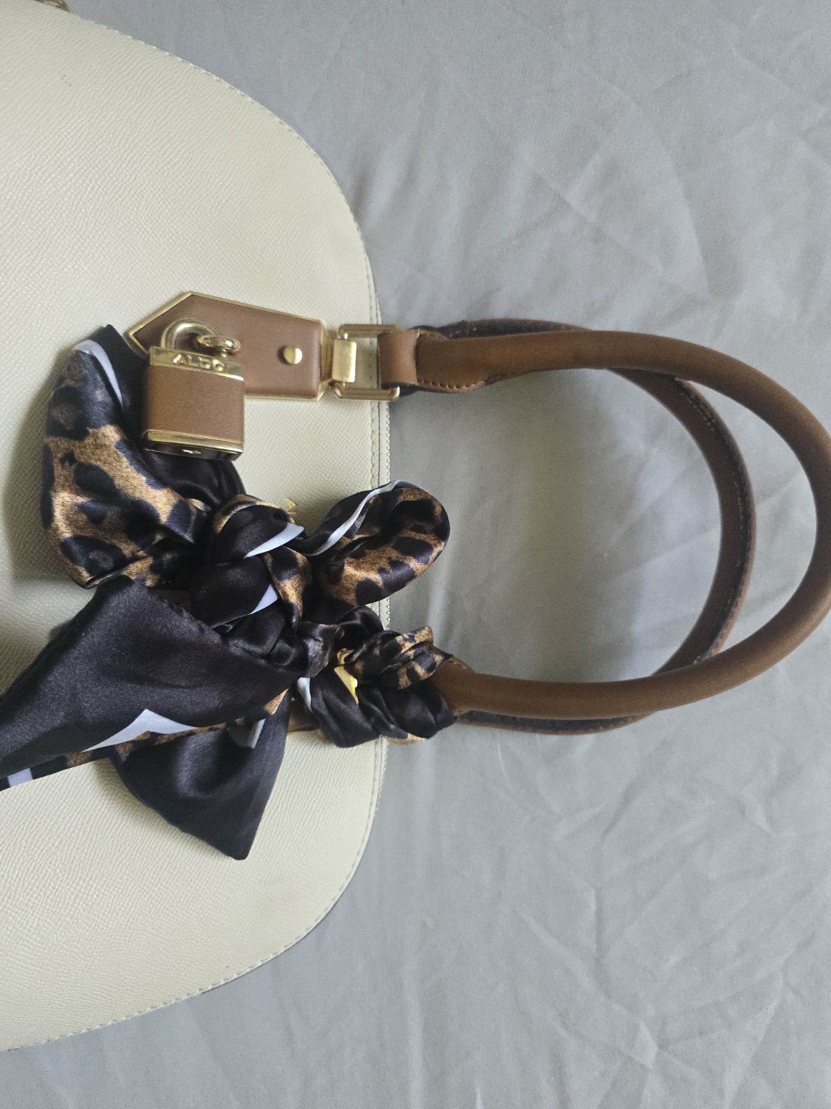 ALDO Two-Tone Beige Brown Satchel Top Handle Zip Gold Padlock Charm Pockets