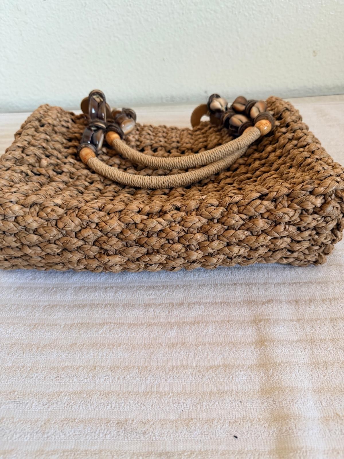 VTG Sun N Sand Woven Straw Shell Handle Tote Beach Bag Boho