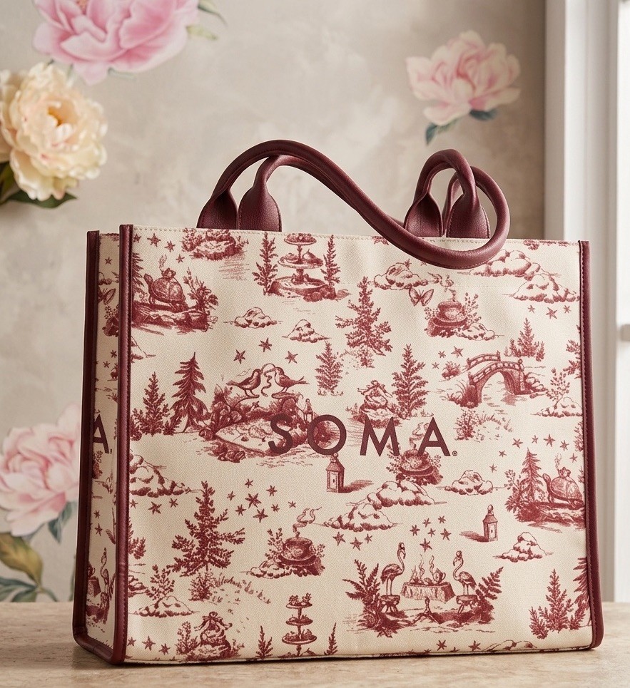 Soma Toile Print Tote Bag Burgundy Cream Large Shopper Shoulder