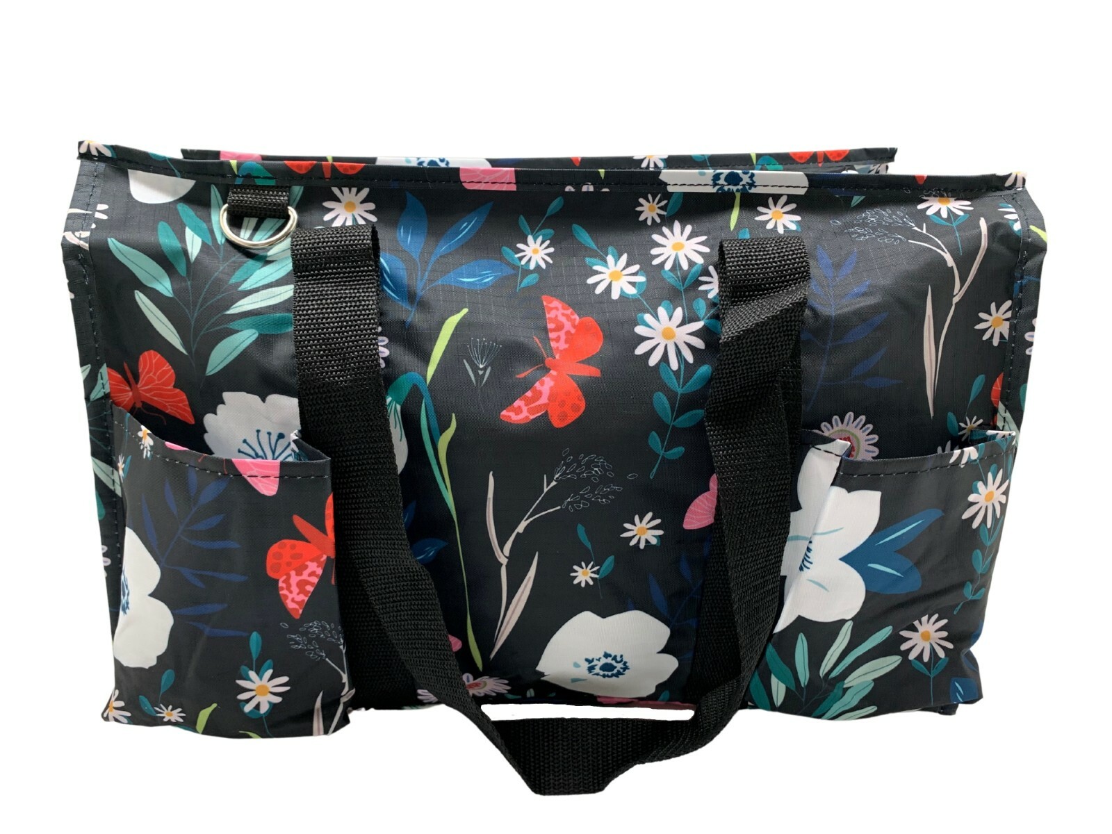 Butterfly Garden Floral Zip Top Utility Tote Beach Diaper Bag 7 Pocket Organizer