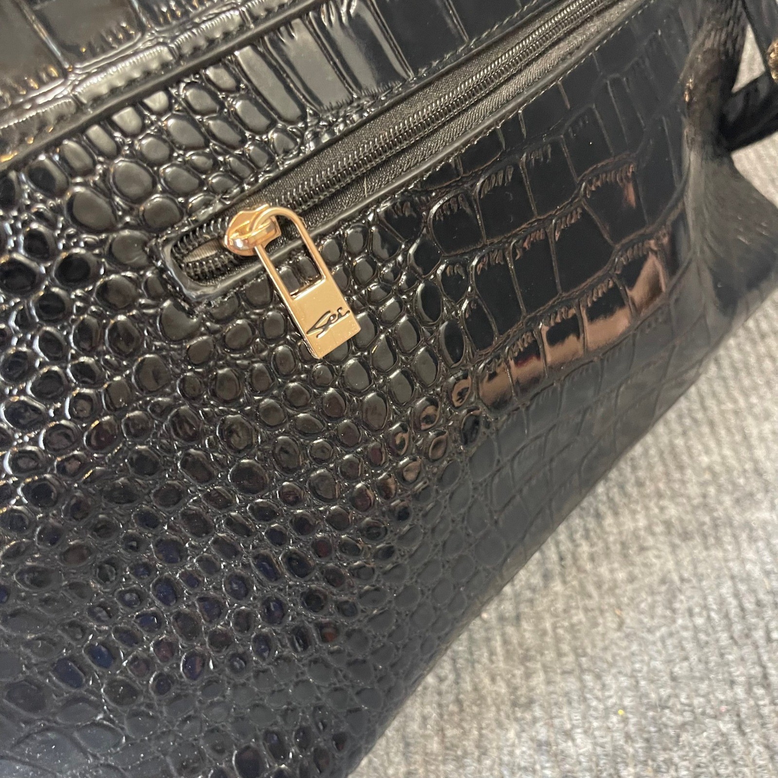 Sei Satchel Bag LARGE Black Croc Embossed Patent Faux Leather Handbag Travel