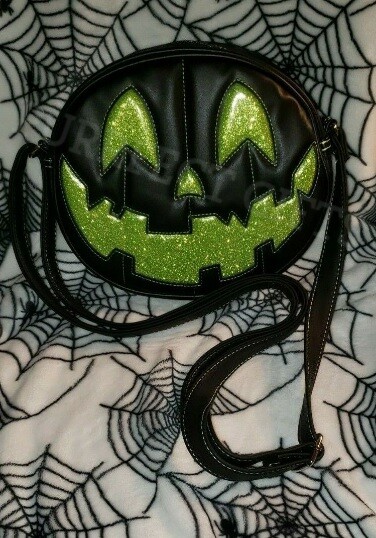LOVE PAIN & STITCHES BLK W/ GREEN GLITTER PUMPKIN KULT BAG DBL FACE CROSSBODY~NW