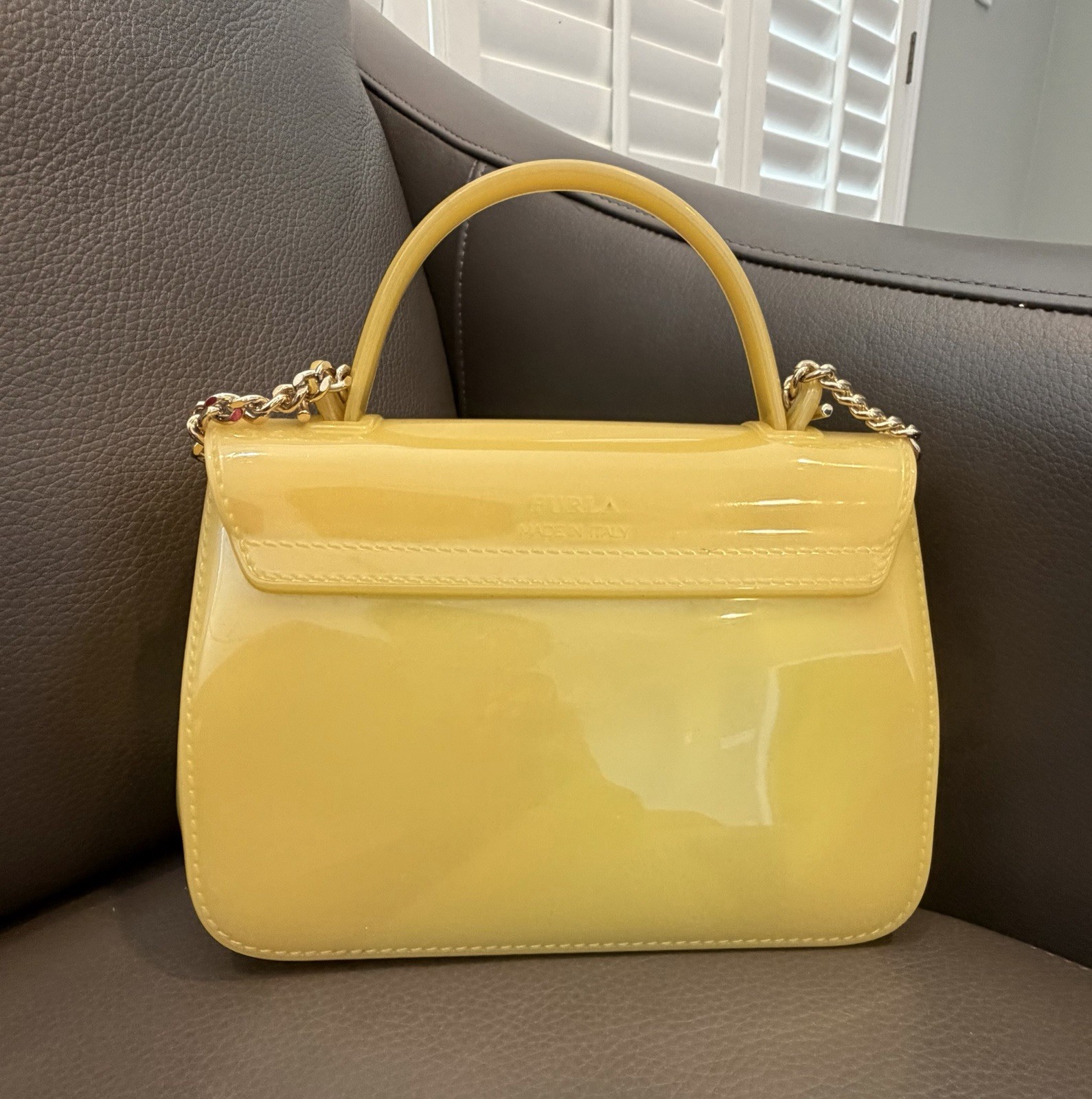 Furla Yellow Small Top Handle Bag Turn Lock w/ Detachable Chain Strap Gold